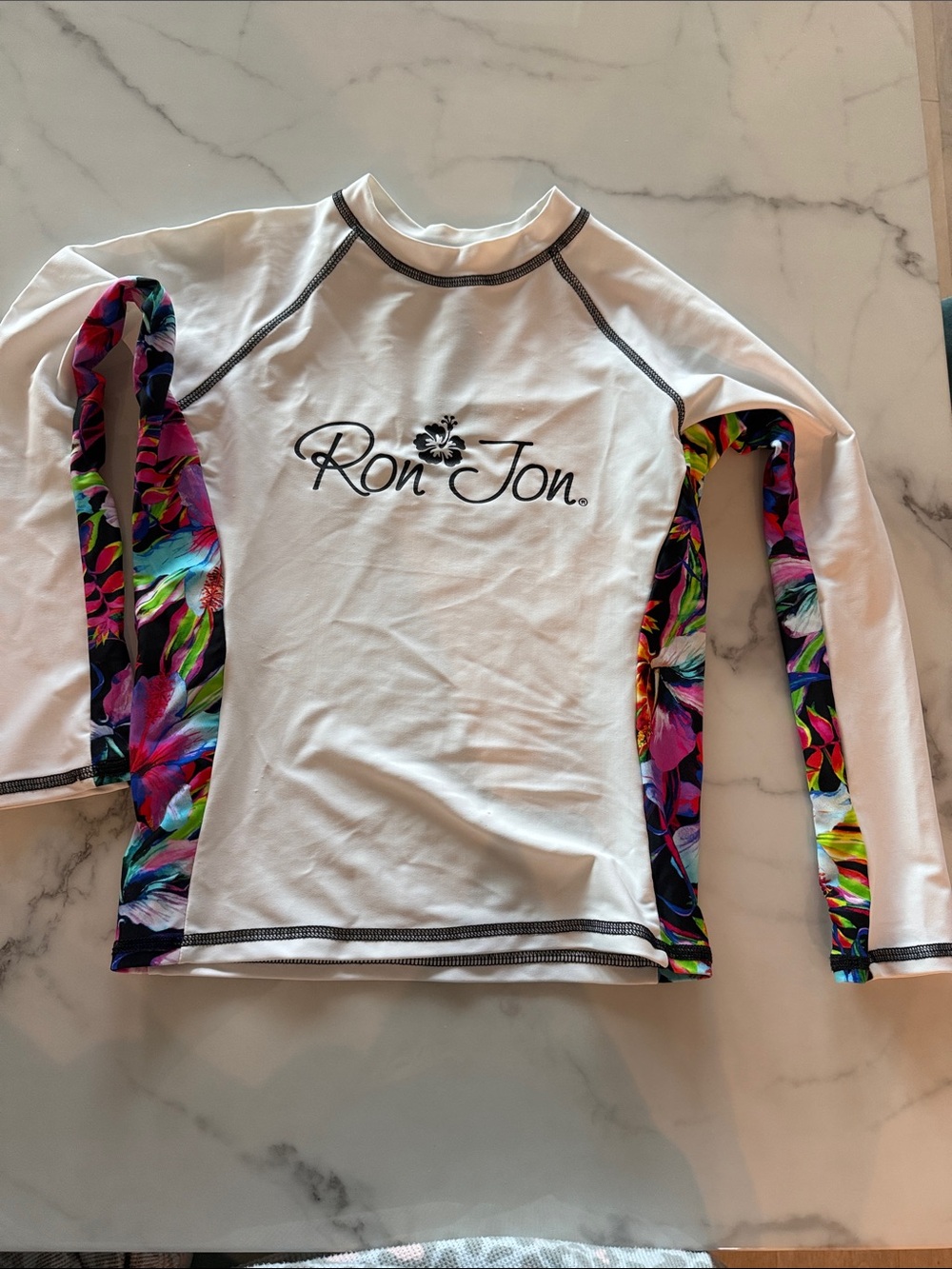 Ron Jon White Rash Guard with Multicolor Floral Panels size 14 girls